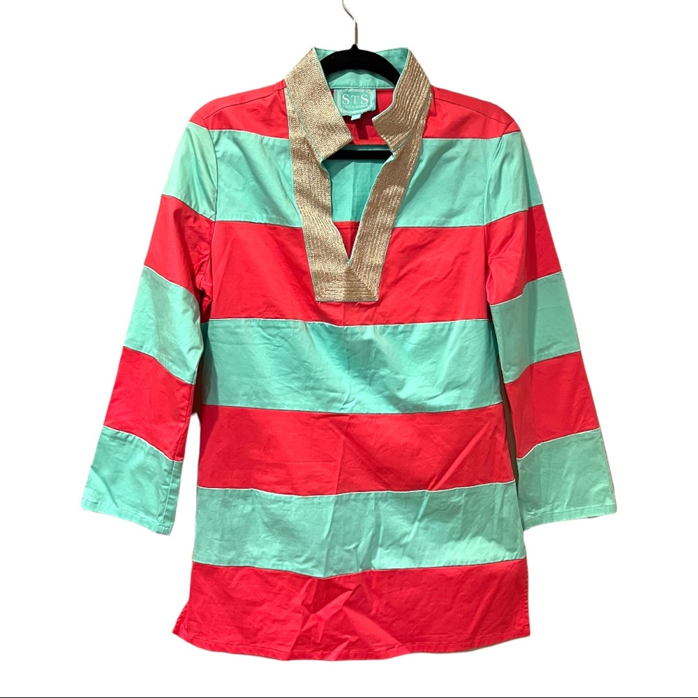 Sail To Sable Teal and Coral Striped Tunic Top (M)